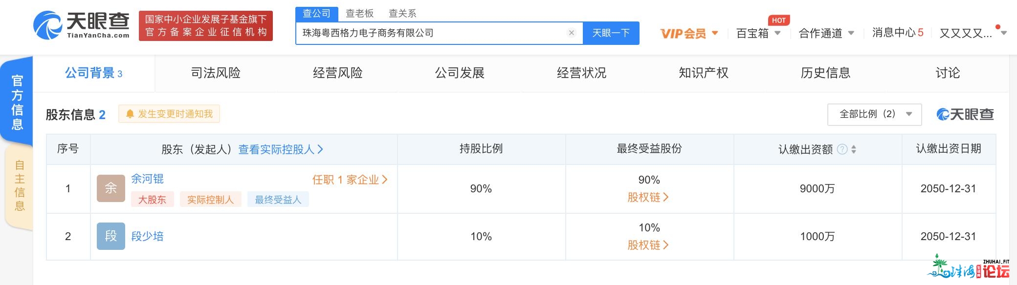 珠海粤西格力电子商务有限公司建立，注册本钱1亿元